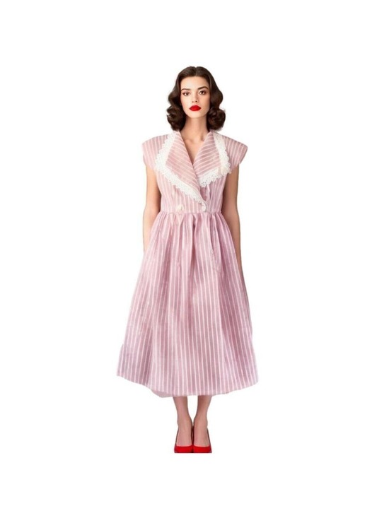 Vintage Dresses & Skirts - VINTAGE Red & White Stripe Midi Wrap Dress with Lace Collar Summer Dress Made US